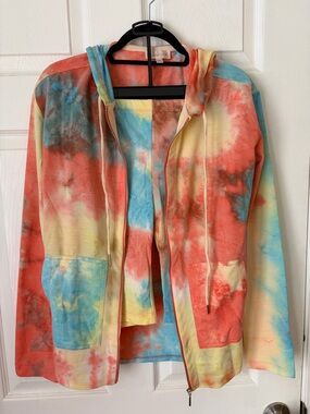 Tie-Dye biker shorts and Zip Up Hoodie in Coral, Yellow & Sky Blue